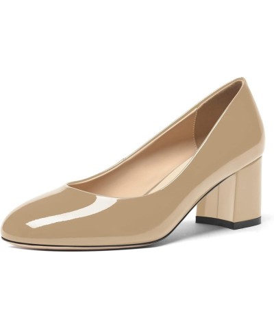 Womens Wedding Round Toe Slip On Comfortable Patent Leather Casual Chunky Low Heel Pumps Dressy Shoes 2.2 Inch Beige $36.40 P...