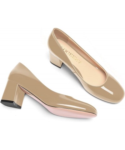 Womens Wedding Round Toe Slip On Comfortable Patent Leather Casual Chunky Low Heel Pumps Dressy Shoes 2.2 Inch Beige $36.40 P...