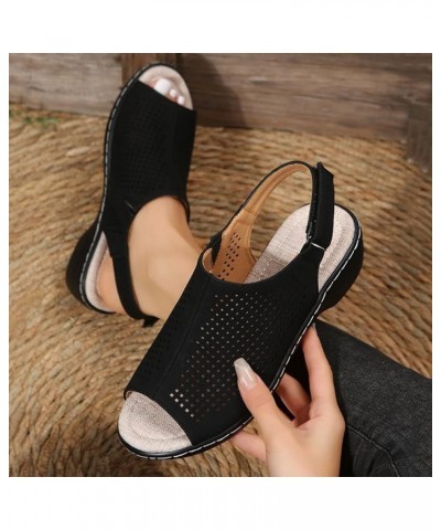 Swim Sandals Women Ladies Fashion Solid Hollow Leather Open Toe Hook Loop Wedge Heel Thick Soled Roman Sandals (Black, 8.5) B...