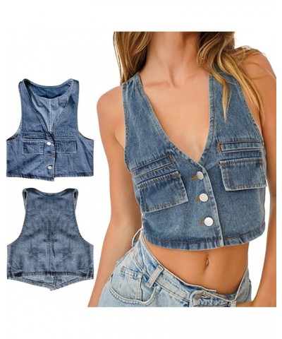 Casual Clothes Women Short Slim Fit Strap Style Denim Vest Top Cute Summer Shirts G-blue - Button Down Denim Vest $8.77 Athle...