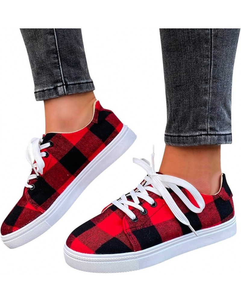 Lace up Canvas Shoes for Women Classic Print Walking Running Platform Sneaker Shoes Flat Loafers Solid Color E Red $15.42 Ath...