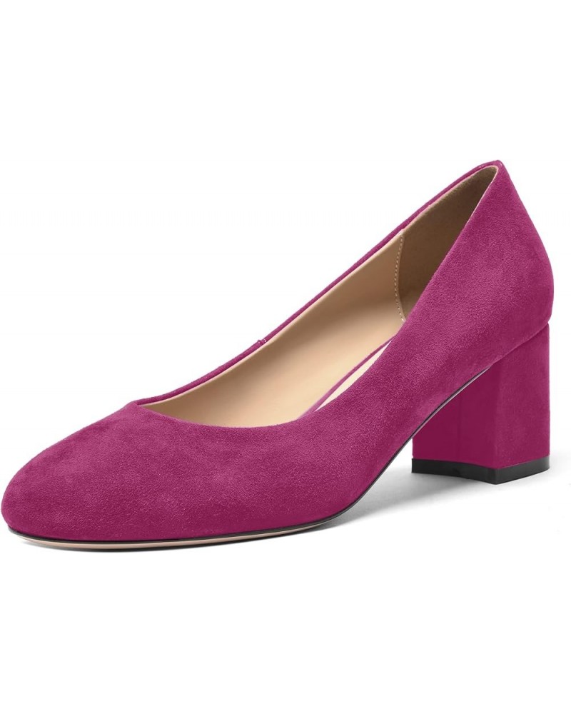 Womens Casual Round Toe Comfortable Slip On Suede Leather Chunky Low Heel Pumps Dressy Shoes 2.2 Inch Magenta $41.39 Pumps