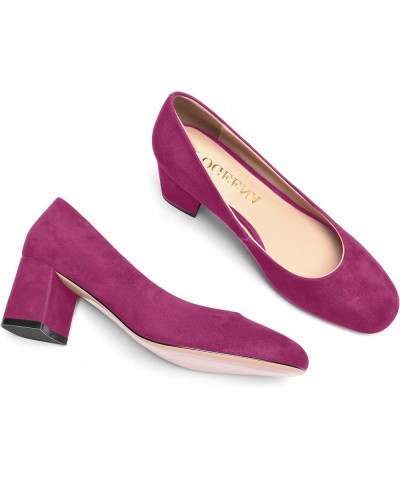 Womens Casual Round Toe Comfortable Slip On Suede Leather Chunky Low Heel Pumps Dressy Shoes 2.2 Inch Magenta $41.39 Pumps