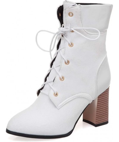 Women's Lace Up Ankle Boots with Pointed Toe and Chunky Heel White $30.73 Boots