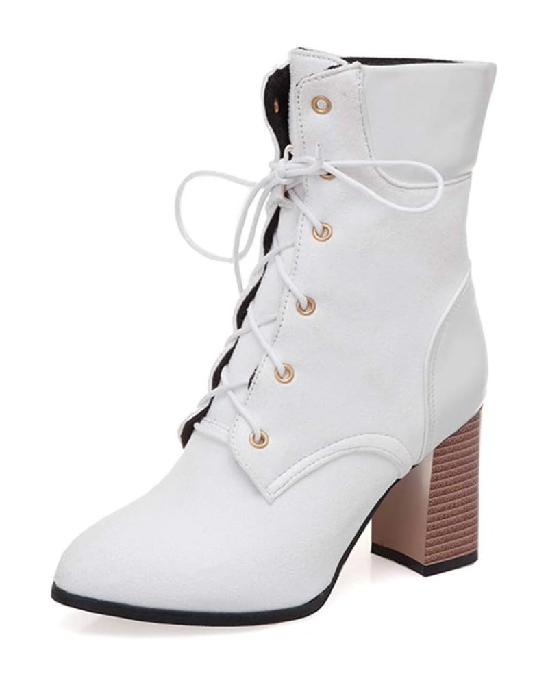 Women's Lace Up Ankle Boots with Pointed Toe and Chunky Heel White $30.73 Boots