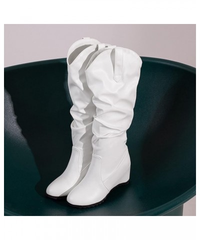 2022 Women's Autumn And Winter New Western Boots Pleated Pile Boots Small Wedge Heel Sleeve Womens Tall Boots White $32.64 Boots