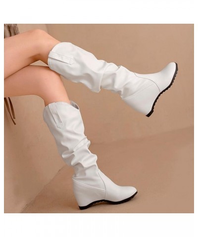 2022 Women's Autumn And Winter New Western Boots Pleated Pile Boots Small Wedge Heel Sleeve Womens Tall Boots White $32.64 Boots