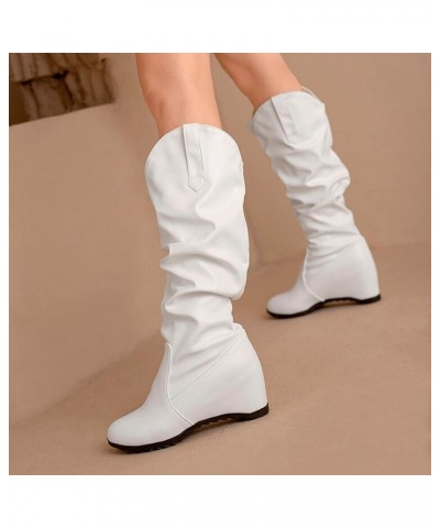 2022 Women's Autumn And Winter New Western Boots Pleated Pile Boots Small Wedge Heel Sleeve Womens Tall Boots White $32.64 Boots