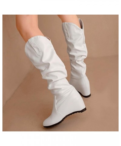 2022 Women's Autumn And Winter New Western Boots Pleated Pile Boots Small Wedge Heel Sleeve Womens Tall Boots White $32.64 Boots