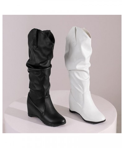 2022 Women's Autumn And Winter New Western Boots Pleated Pile Boots Small Wedge Heel Sleeve Womens Tall Boots White $32.64 Boots