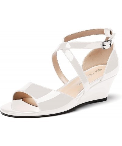 Women's Open Toe Patent Cross Strap Solid Buckle Wedge Low Heel Wedges Sandals 2 Inch White $26.99 Sandals