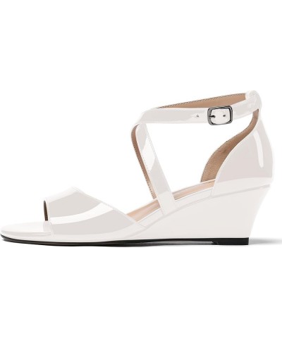 Women's Open Toe Patent Cross Strap Solid Buckle Wedge Low Heel Wedges Sandals 2 Inch White $26.99 Sandals