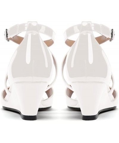 Women's Open Toe Patent Cross Strap Solid Buckle Wedge Low Heel Wedges Sandals 2 Inch White $26.99 Sandals