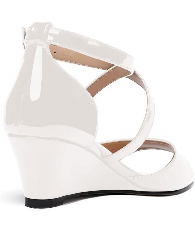 Women's Open Toe Patent Cross Strap Solid Buckle Wedge Low Heel Wedges Sandals 2 Inch White $26.99 Sandals