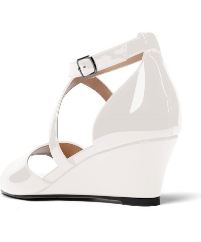 Women's Open Toe Patent Cross Strap Solid Buckle Wedge Low Heel Wedges Sandals 2 Inch White $26.99 Sandals