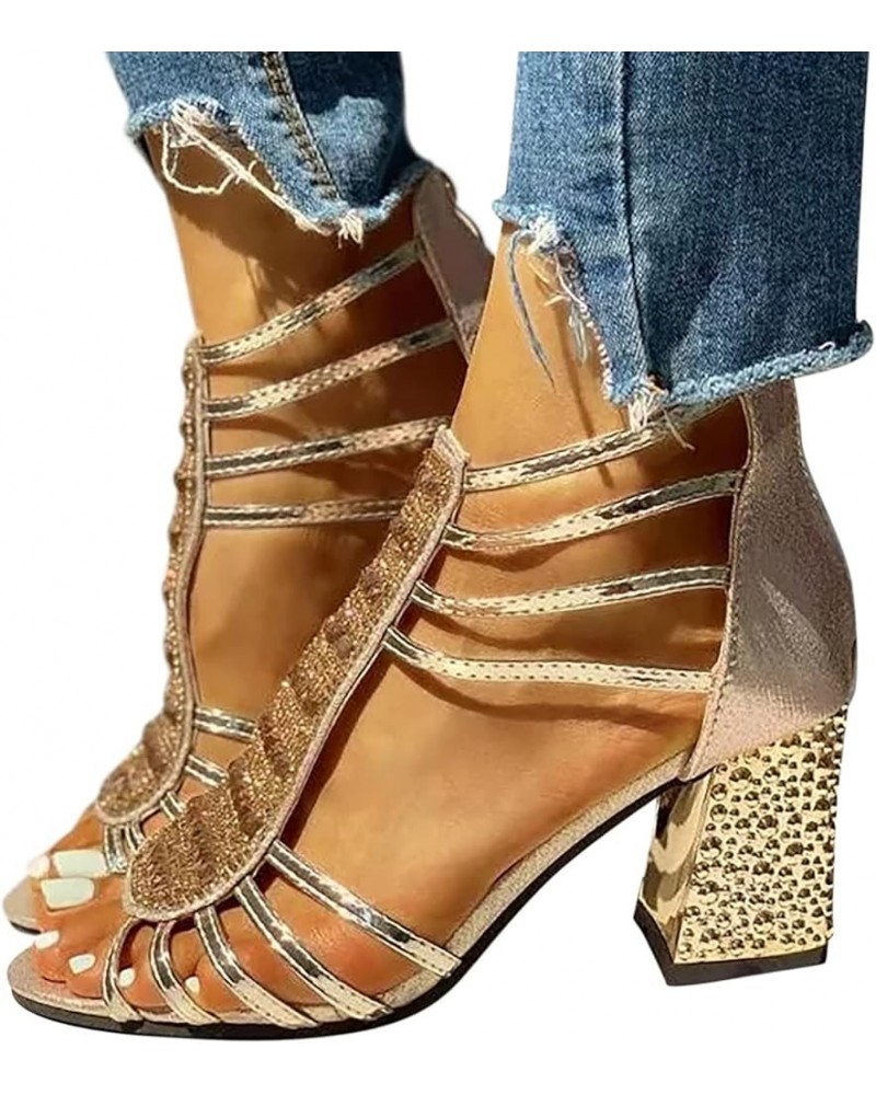 Wear to Work Sandals for Women Side Zipper Peep Toe Fish Mouth Sandal Chunky Stacked Low Heeled Summer Sandals A-03 Gold $17....