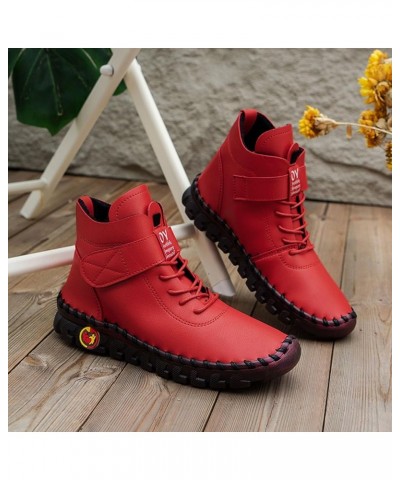 Boots for Women, Women's Leather Flat Ankle Boots Combat Sport Shoes Non Slip Western Boots Sexy Fall Fashion Shoes Red $12.7...