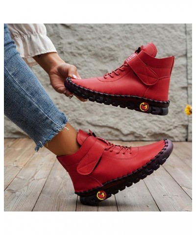 Boots for Women, Women's Leather Flat Ankle Boots Combat Sport Shoes Non Slip Western Boots Sexy Fall Fashion Shoes Red $12.7...