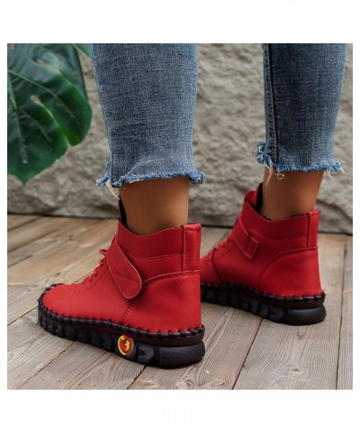 Boots for Women, Women's Leather Flat Ankle Boots Combat Sport Shoes Non Slip Western Boots Sexy Fall Fashion Shoes Red $12.7...