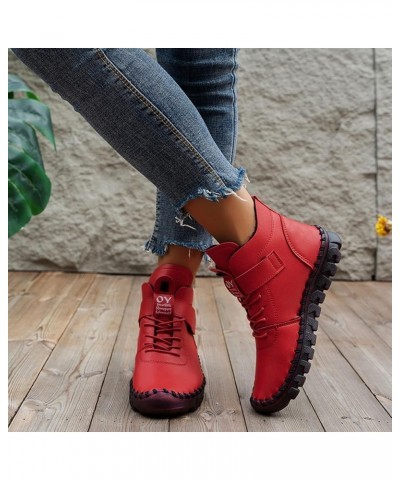 Boots for Women, Women's Leather Flat Ankle Boots Combat Sport Shoes Non Slip Western Boots Sexy Fall Fashion Shoes Red $12.7...