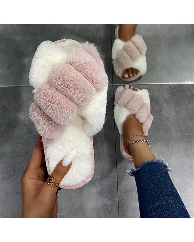 Open Toe Fluffy Slides Winter Women Furry Slippers Soft Plush Cross Faux Fur Shoes Indoor Ladies Platform Sandalias (Color : ...