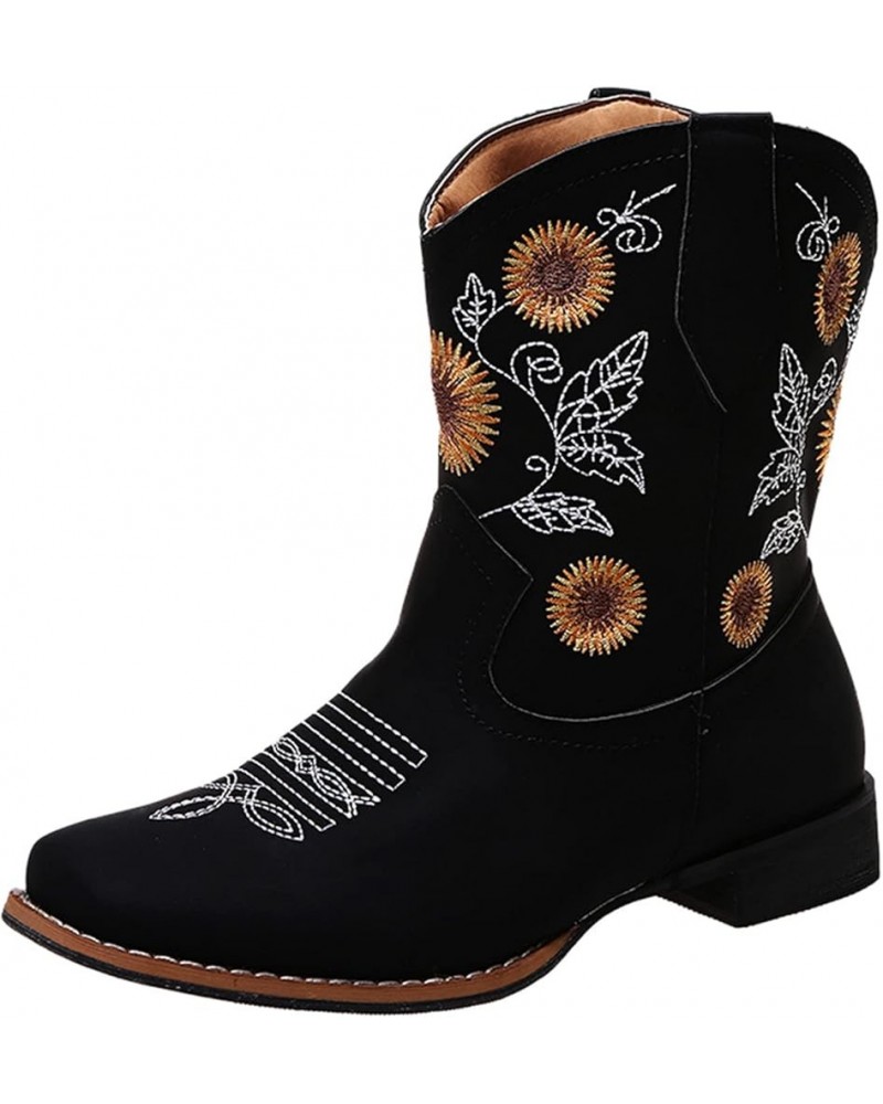 Women's Boots with Heels Heel Style Large Embroidered Fashion Size Ethnic Boots Toe Women's Boots (Black, 7.5) 7.5 Black $26....