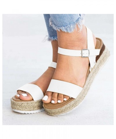 Sandals Women Open Toe Buckle Ankle Strap Espadrilles High Heel Casual Sandals Outdoor Walking Flat Shoes 169-hyems-f-white $...