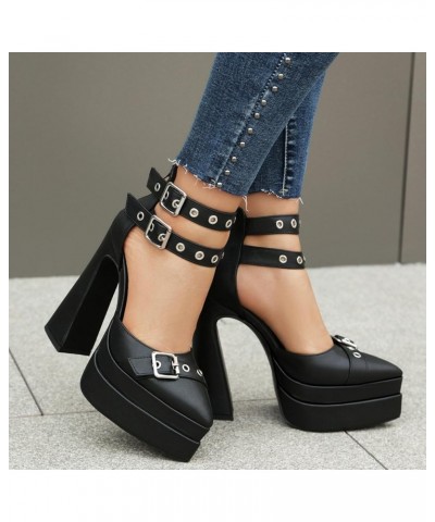 Women's Chunky Platform Heels Pointed Closed Toe High Heels Ankle Strap Party Dress Pump Shoes Black $29.57 Pumps