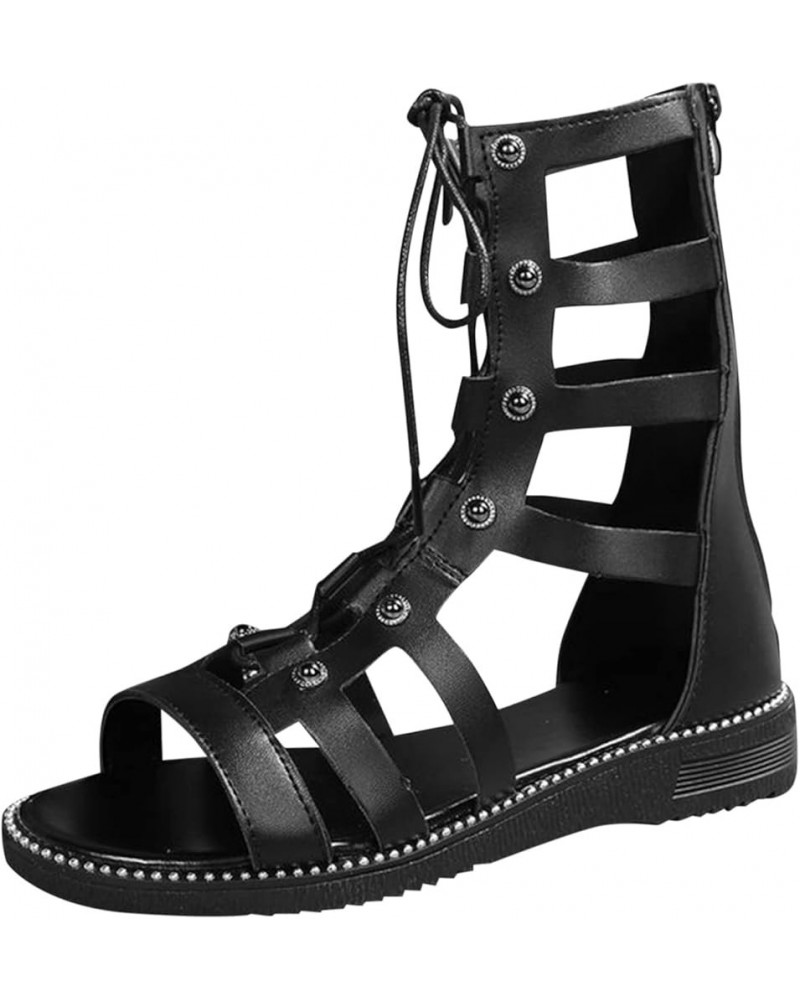 Wrap Around Lace Up Sandals Open Toe Block Heels Strappy Tie Up Platform Sandal For Women Flat Sandals For Women Flat Black-d...