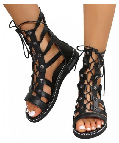 Wrap Around Lace Up Sandals Open Toe Block Heels Strappy Tie Up Platform Sandal For Women Flat Sandals For Women Flat Black-d...