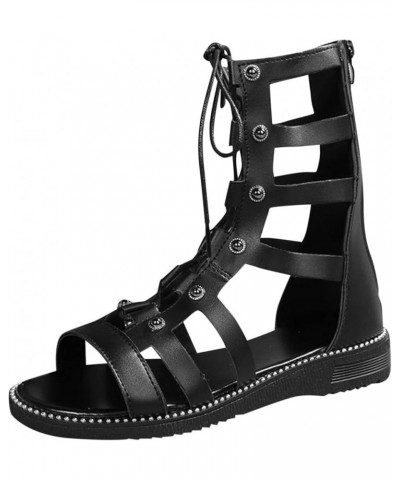 Wrap Around Lace Up Sandals Open Toe Block Heels Strappy Tie Up Platform Sandal For Women Flat Sandals For Women Flat Black-d...