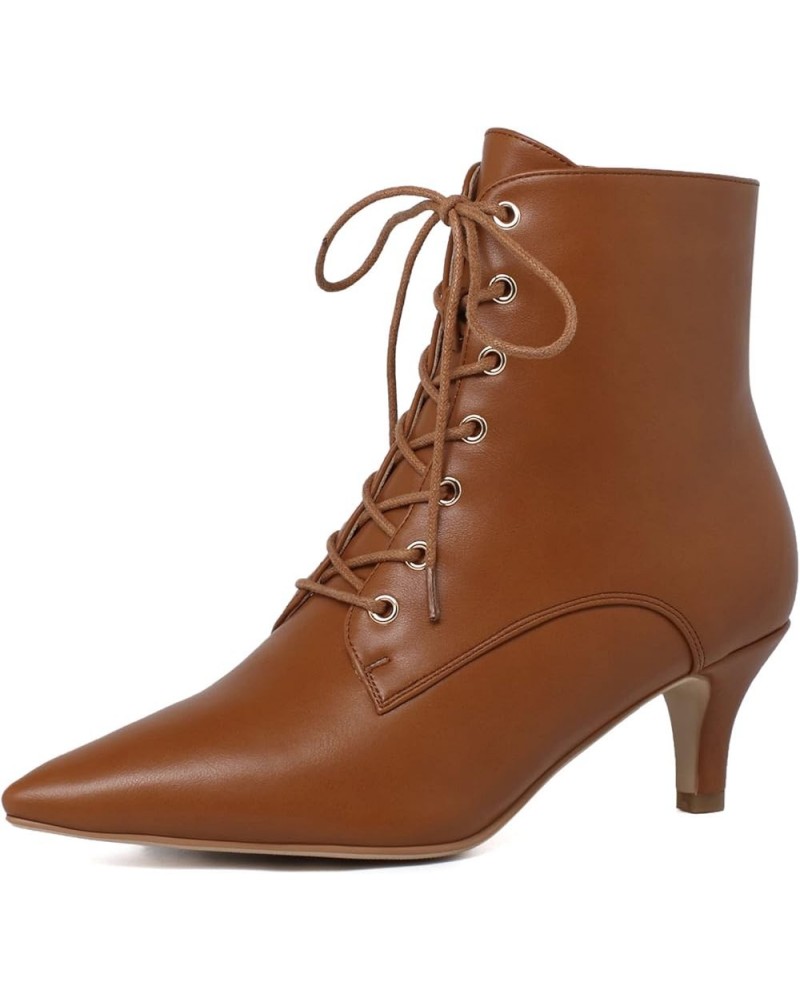 Women's Kitten Heels Lace Up Ankle Boots Low Mid Heeled Side Zipper Short Booties Pointed-toe Shoes Brown $32.63 Boots