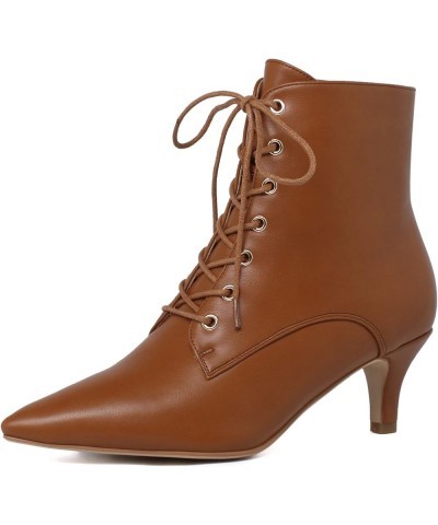 Women's Kitten Heels Lace Up Ankle Boots Low Mid Heeled Side Zipper Short Booties Pointed-toe Shoes Brown $32.63 Boots