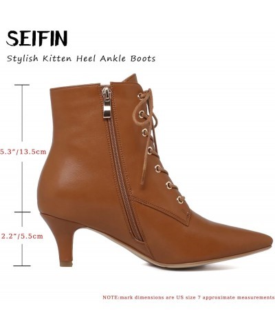 Women's Kitten Heels Lace Up Ankle Boots Low Mid Heeled Side Zipper Short Booties Pointed-toe Shoes Brown $32.63 Boots