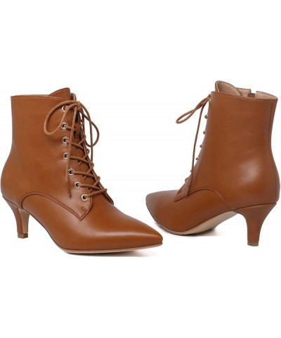 Women's Kitten Heels Lace Up Ankle Boots Low Mid Heeled Side Zipper Short Booties Pointed-toe Shoes Brown $32.63 Boots