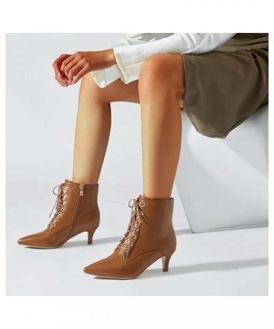 Women's Kitten Heels Lace Up Ankle Boots Low Mid Heeled Side Zipper Short Booties Pointed-toe Shoes Brown $32.63 Boots