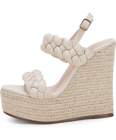 Women's Braided Espadrille Platform Wedge Sandals Open Toe Two Strap Ankle Buckle Summer Shoes Beige $18.89 Sandals