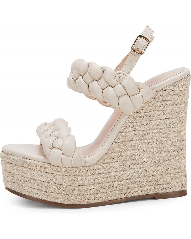 Women's Braided Espadrille Platform Wedge Sandals Open Toe Two Strap Ankle Buckle Summer Shoes Beige $18.89 Sandals