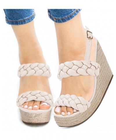 Women's Braided Espadrille Platform Wedge Sandals Open Toe Two Strap Ankle Buckle Summer Shoes Beige $18.89 Sandals