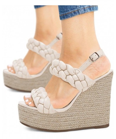 Women's Braided Espadrille Platform Wedge Sandals Open Toe Two Strap Ankle Buckle Summer Shoes Beige $18.89 Sandals