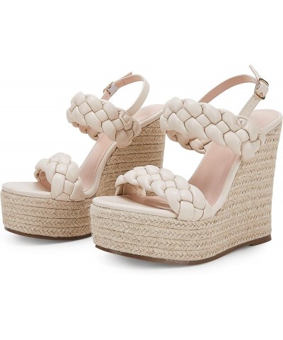 Women's Braided Espadrille Platform Wedge Sandals Open Toe Two Strap Ankle Buckle Summer Shoes Beige $18.89 Sandals