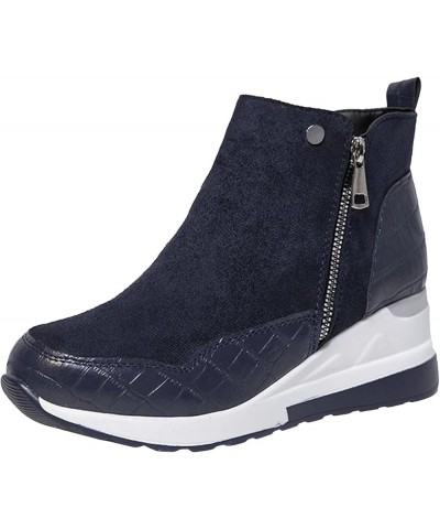 Wedge Ankle Boots Side Zipper, Fashion Women's Thick-soled Colorblock Brock Wedges Booties Blue $15.33 Boots