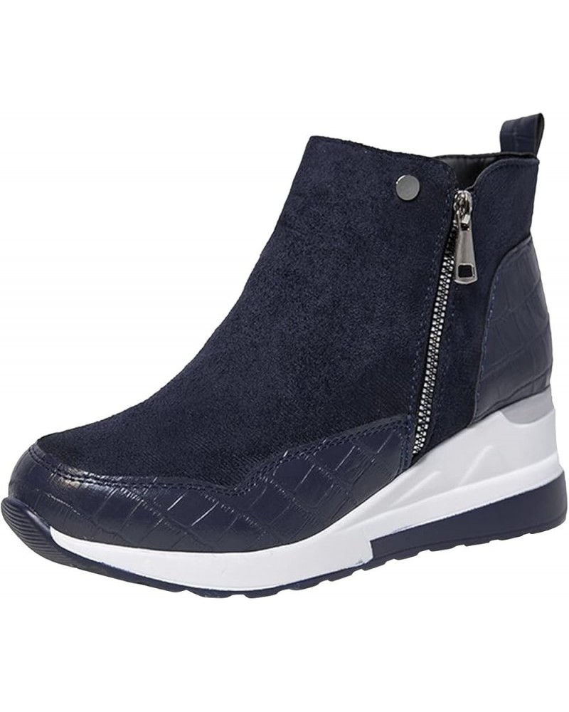 Wedge Ankle Boots Side Zipper, Fashion Women's Thick-soled Colorblock Brock Wedges Booties Blue $15.33 Boots