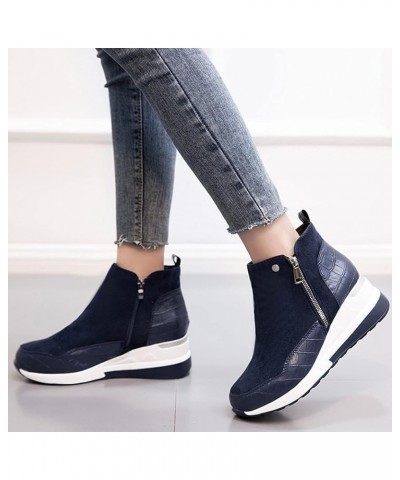 Wedge Ankle Boots Side Zipper, Fashion Women's Thick-soled Colorblock Brock Wedges Booties Blue $15.33 Boots