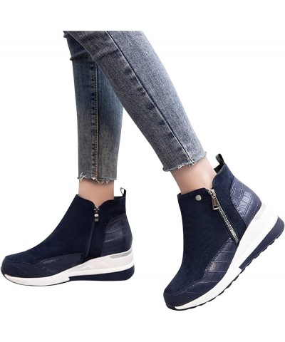 Wedge Ankle Boots Side Zipper, Fashion Women's Thick-soled Colorblock Brock Wedges Booties Blue $15.33 Boots