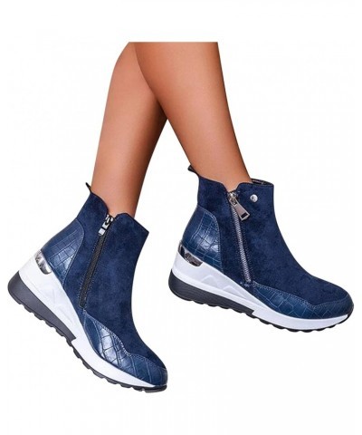 Wedge Ankle Boots Side Zipper, Fashion Women's Thick-soled Colorblock Brock Wedges Booties Blue $15.33 Boots