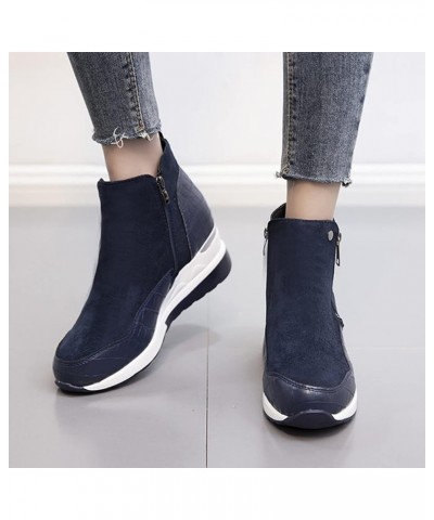 Wedge Ankle Boots Side Zipper, Fashion Women's Thick-soled Colorblock Brock Wedges Booties Blue $15.33 Boots